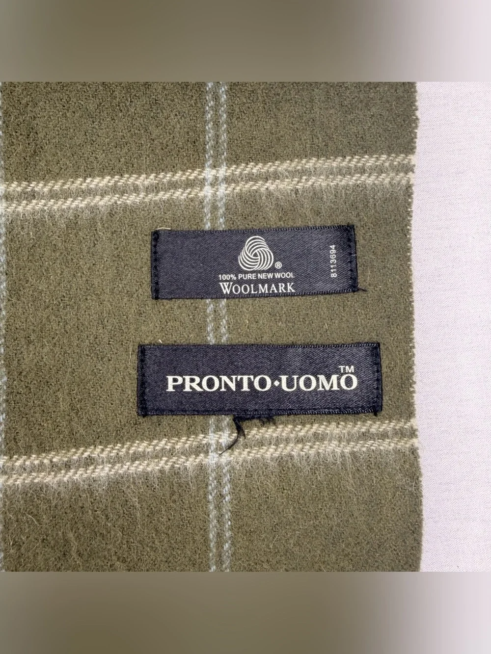 Pronto Uomo 100 Pure New Wool Scarf Olive Green Windowpane Fringe Woolmark